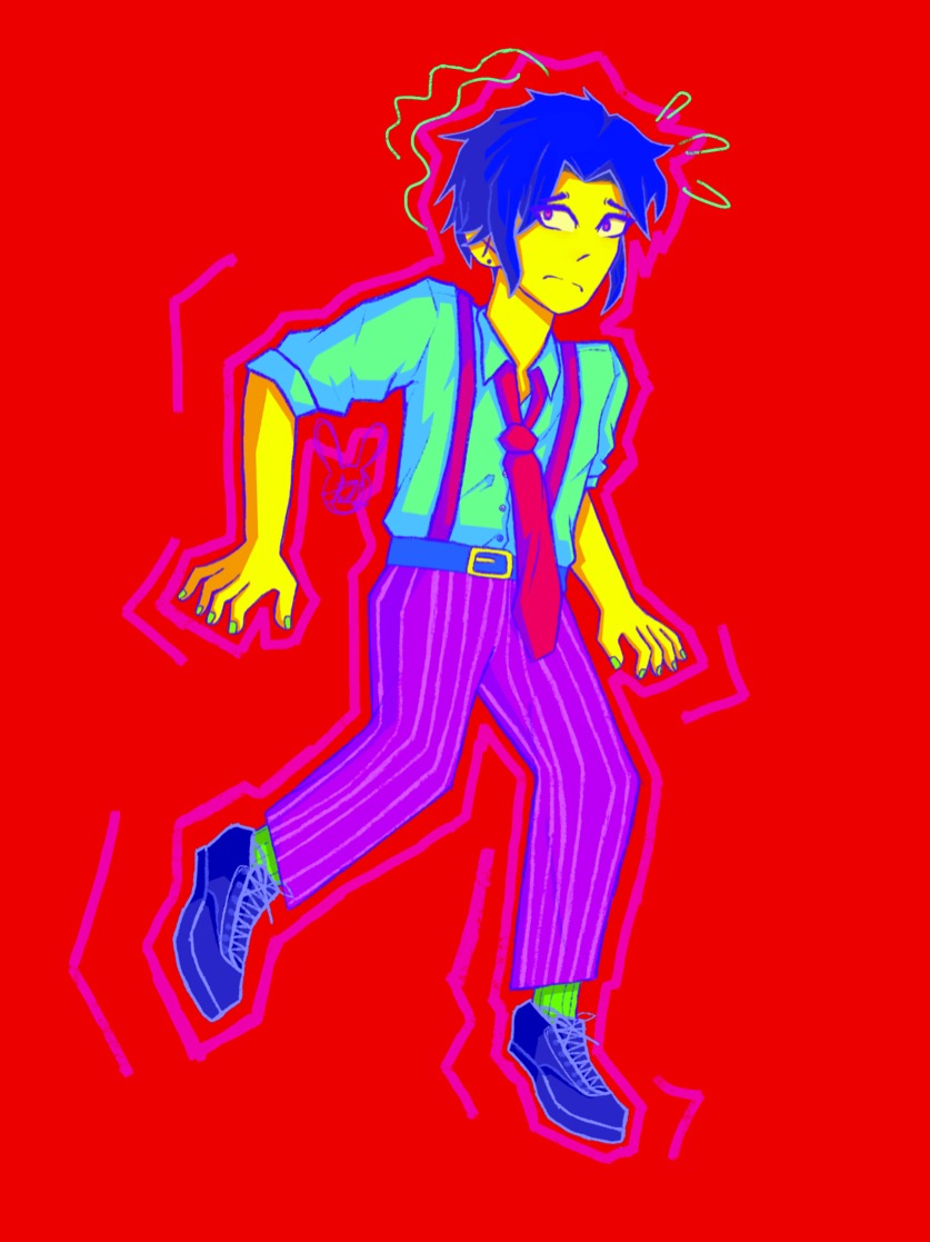 very saturated digital art of person with purple pants and teal shirt, suspenders, blue hair