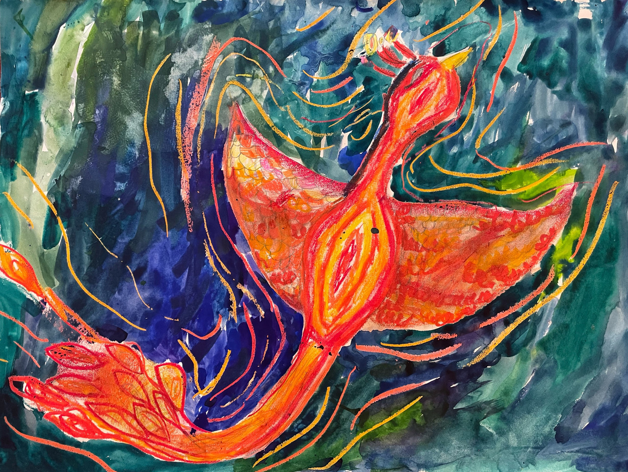 Artwork with a red phoenix against a blue and green background.