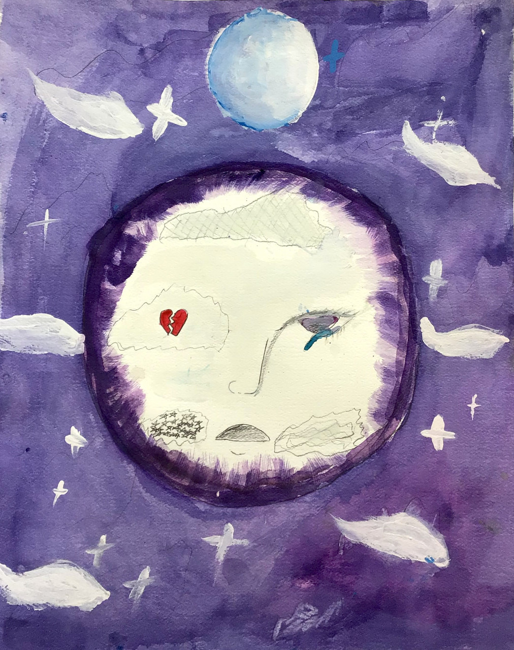 Moon with a face in a purple sky