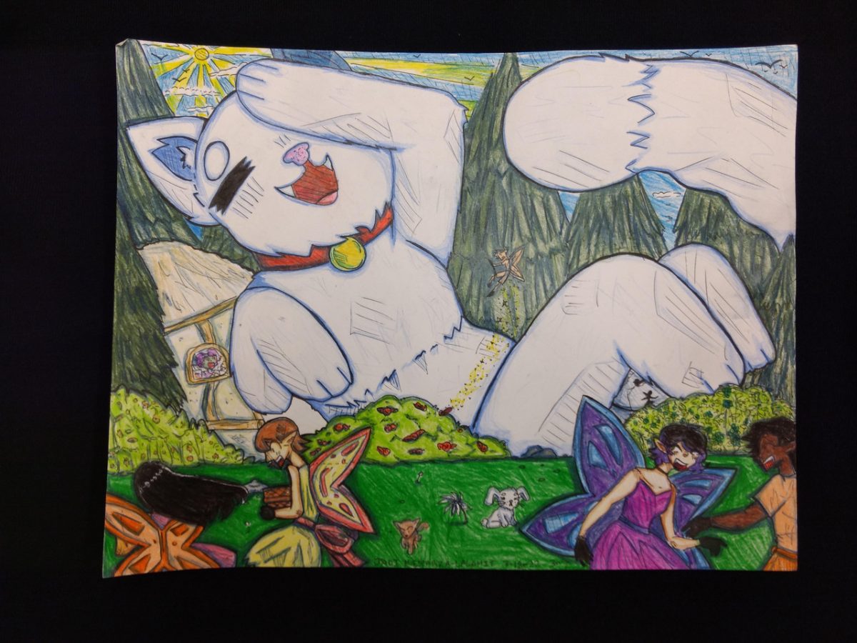 a white cat laughs in front of mountains and fairies dance under her