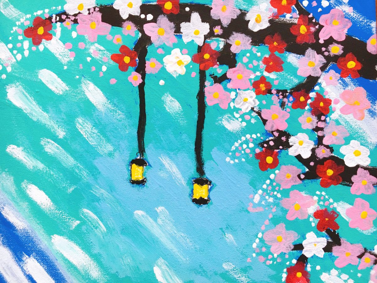 Cherry bloosom and lanterns on blue background