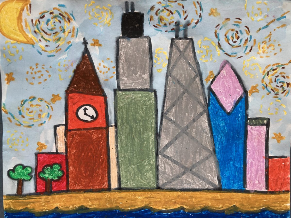 A skyline with chicago buildings under a van gogh inspired sky