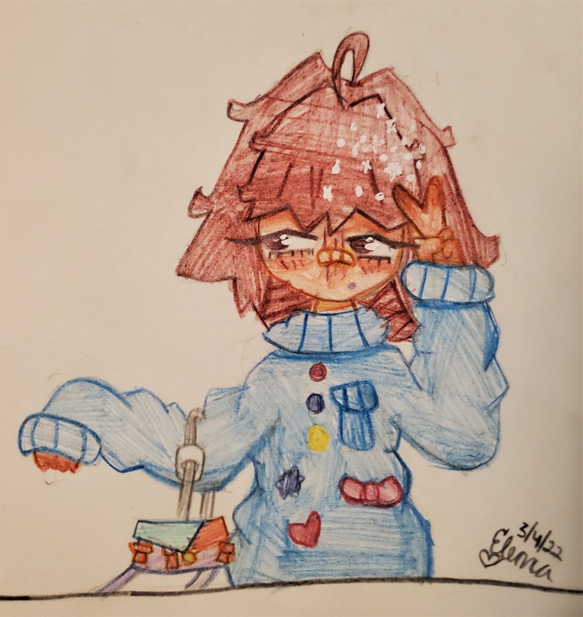 Drawing of cartoon girl in blue sweater with a purse.