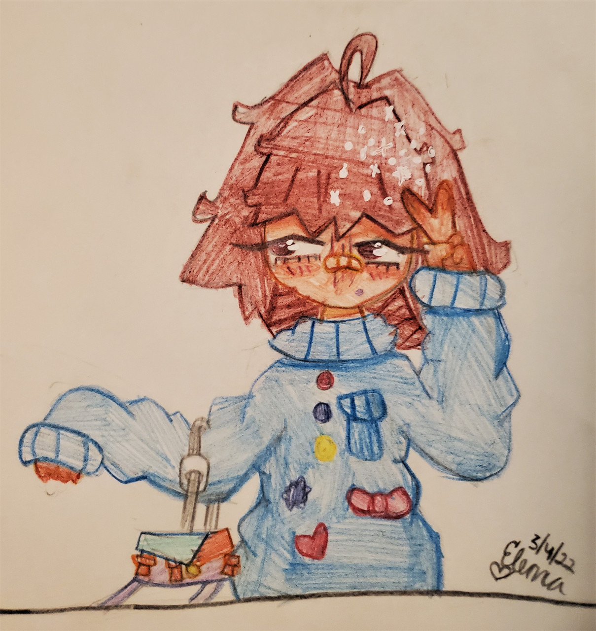 Drawing of cartoon girl in blue sweater with a purse.