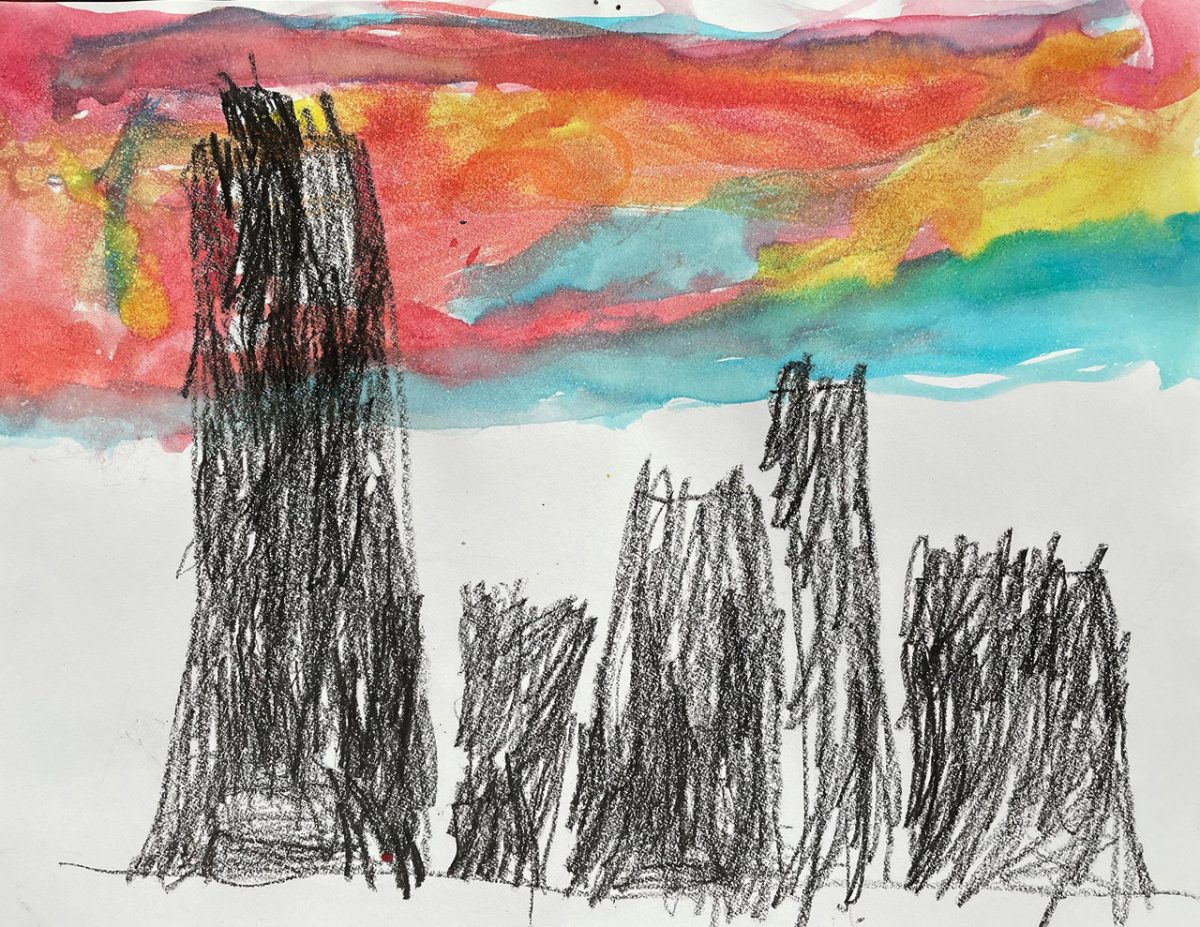 A drawing of black buildings with a colorful sky