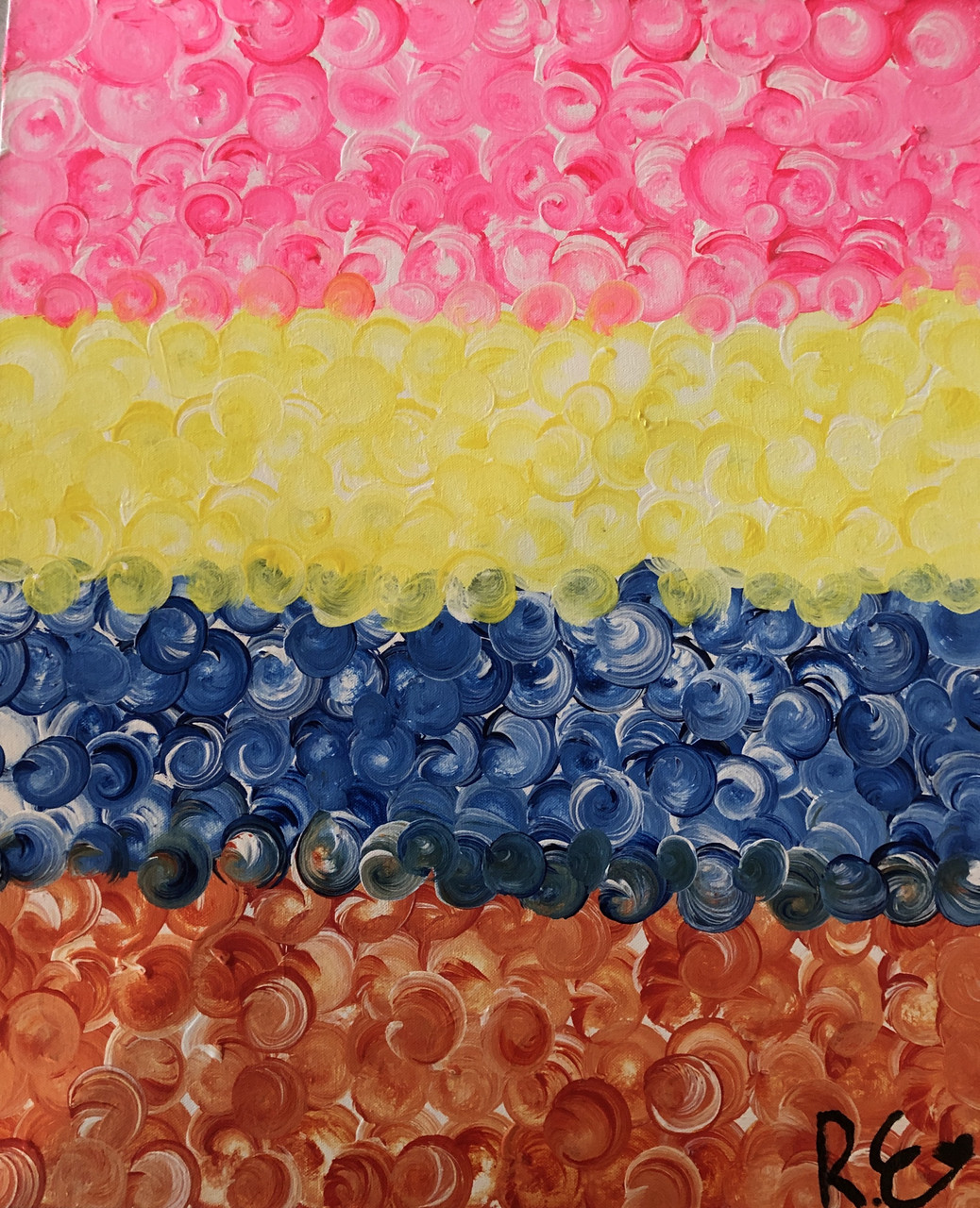 painting with pink, yellow, blue , and red stripe