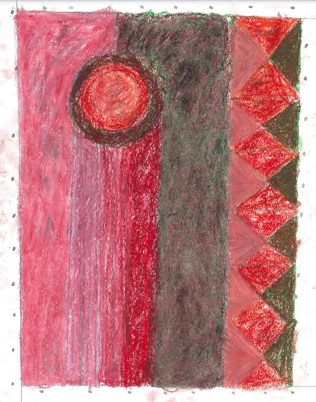 An abstract drawing with tones of red with squares and stripes and a circle