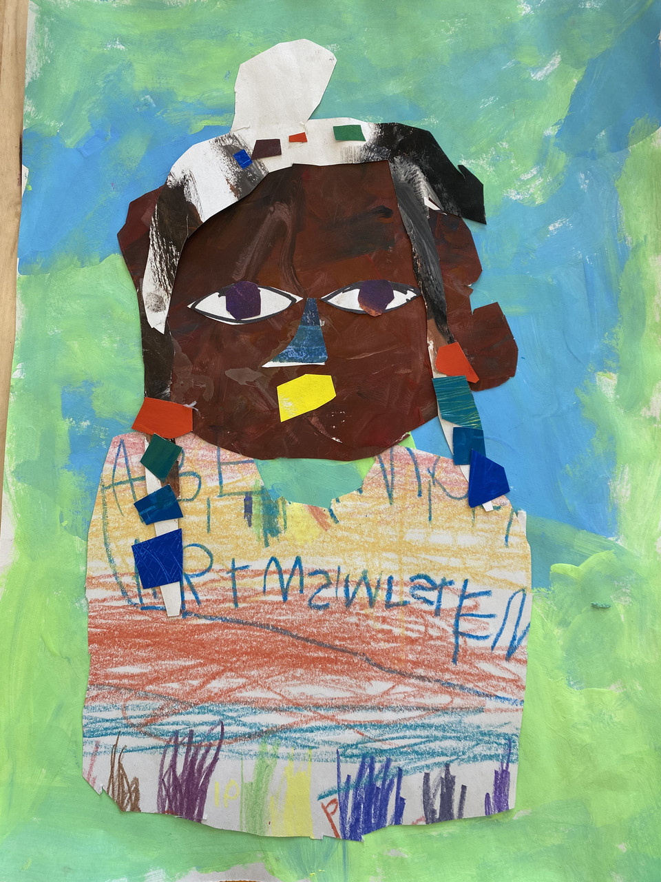 collage of girl with beads in her hair on a green and blue background