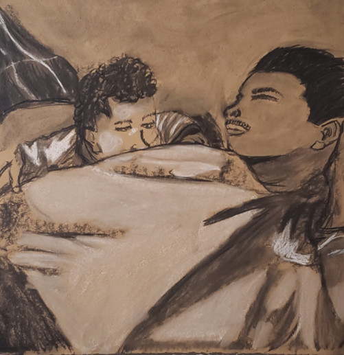Charcoal drawing of a boy and young child