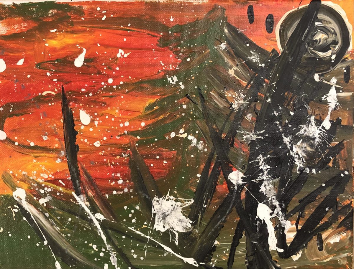 Painting of green trees on red and yellow background, splatters of black