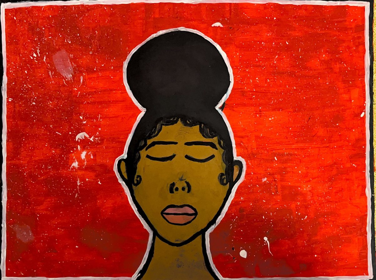 figure with eyes closed in front of red background