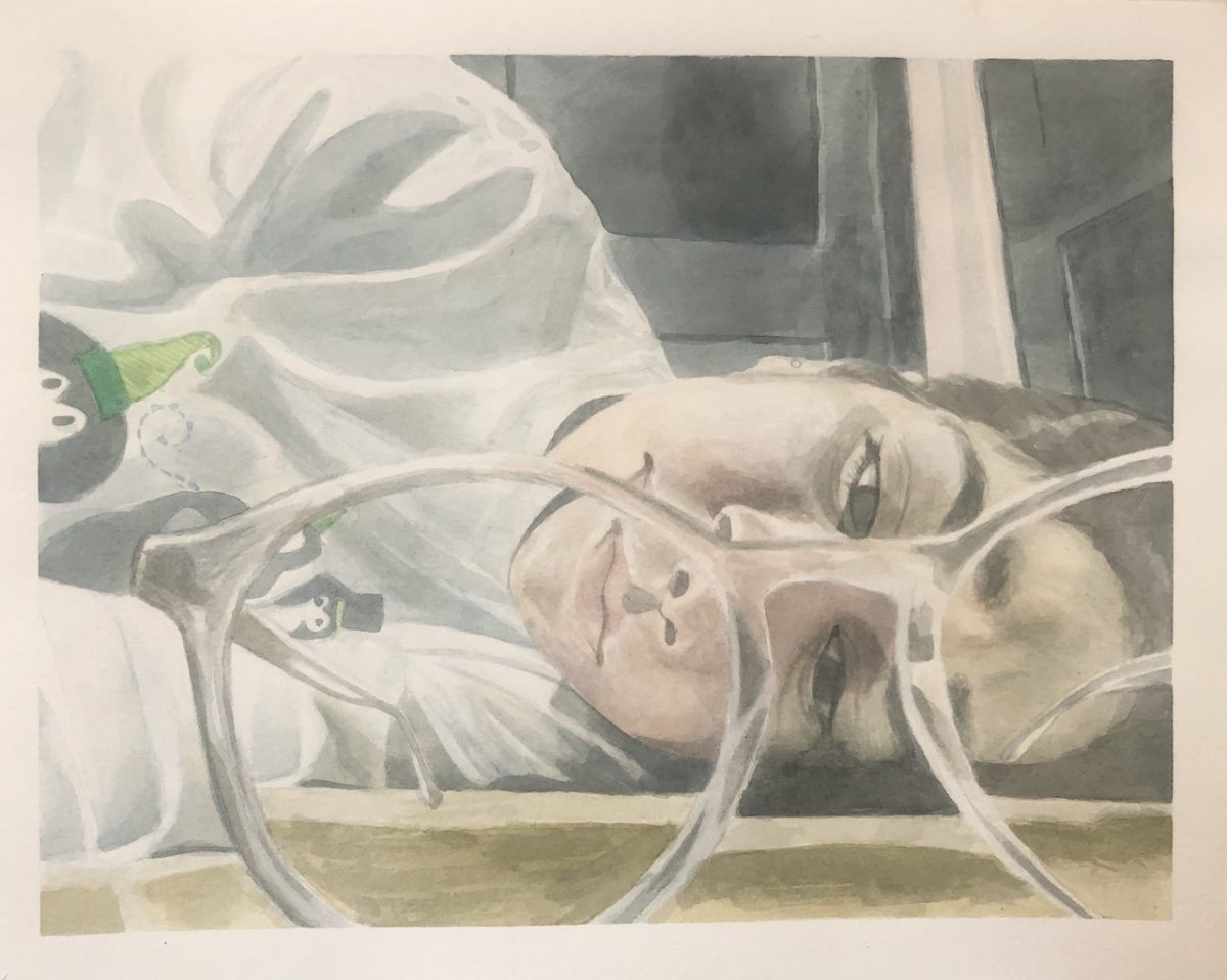 painting of a child looking through glasses