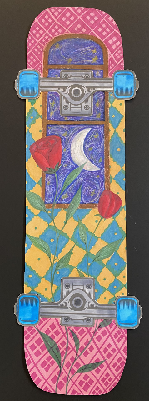 Pink yellow and green skateboard design