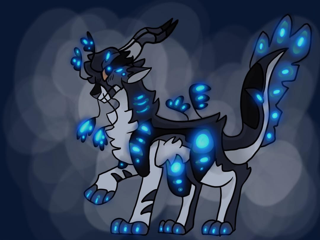 Digital drawing of a creature with blue orbs around it