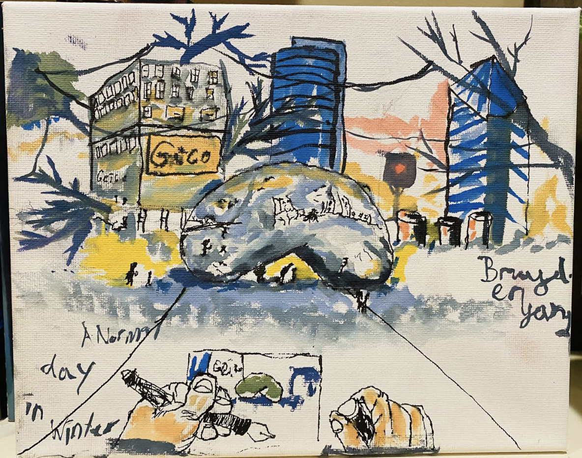 painting of the cloudgate aka bean sculpture downtown on a winter's day