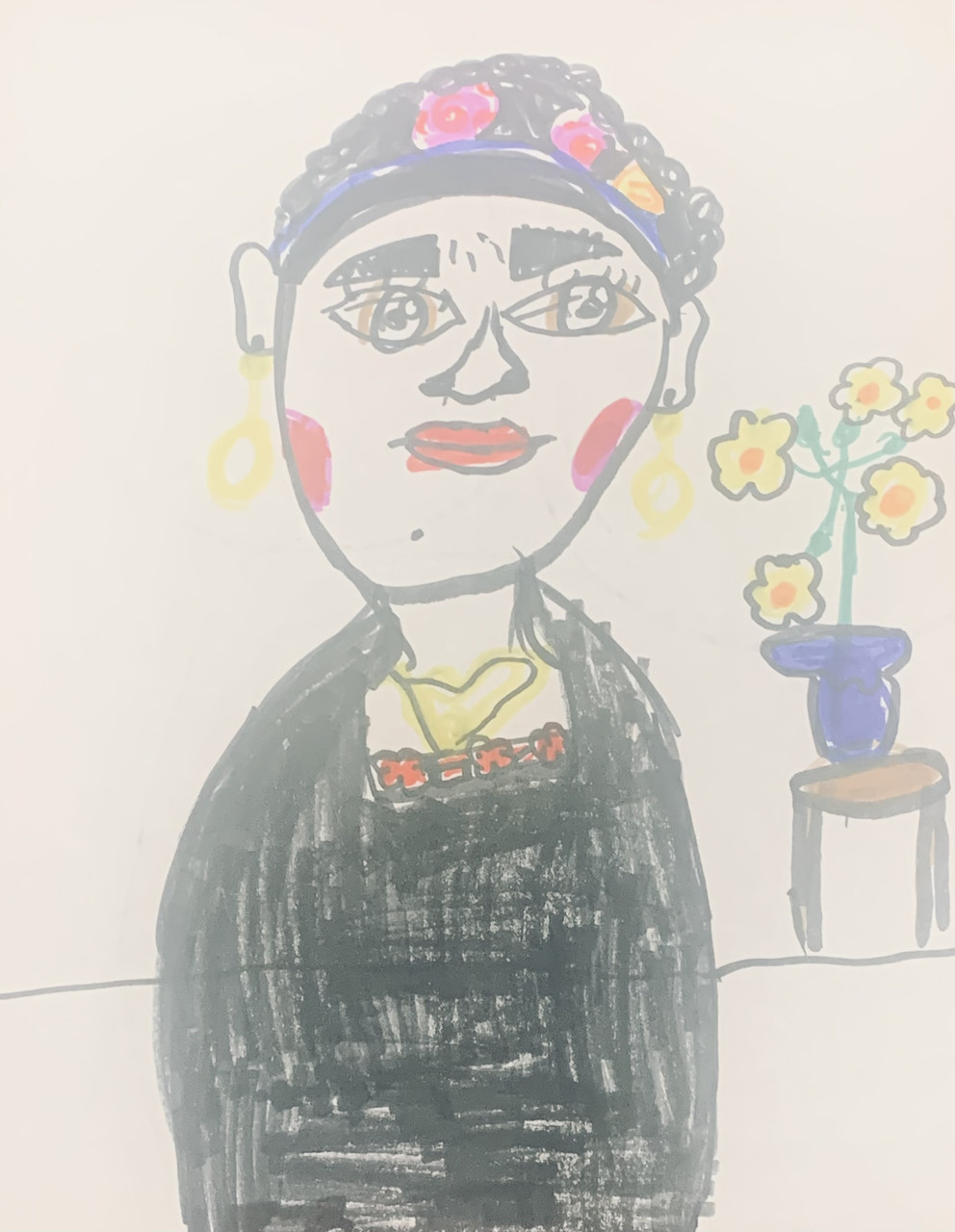 A drawing of Frida Kahlo and flowers in the background