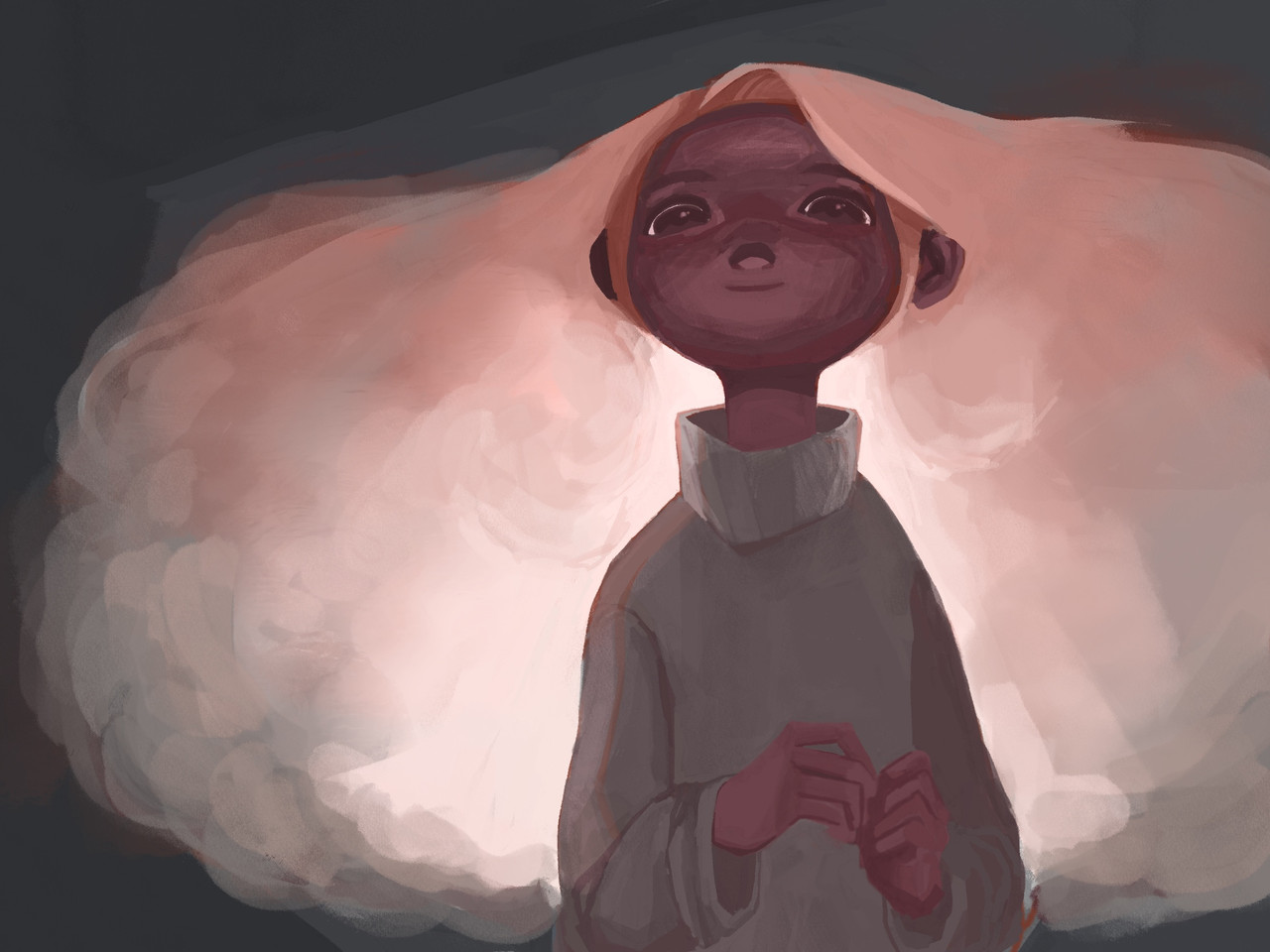 Round-faced figure with their hair flowing out behind them