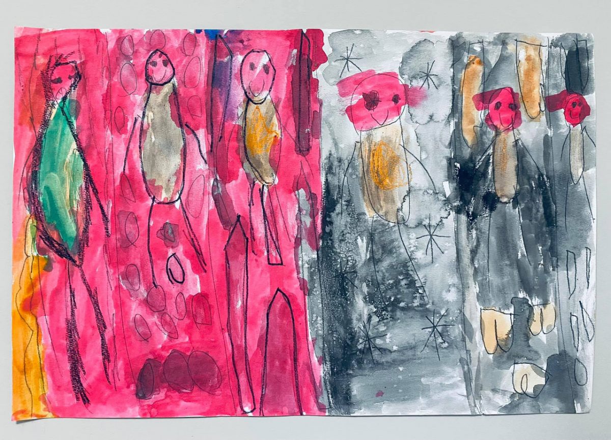 Six figures on a pink and grey background.