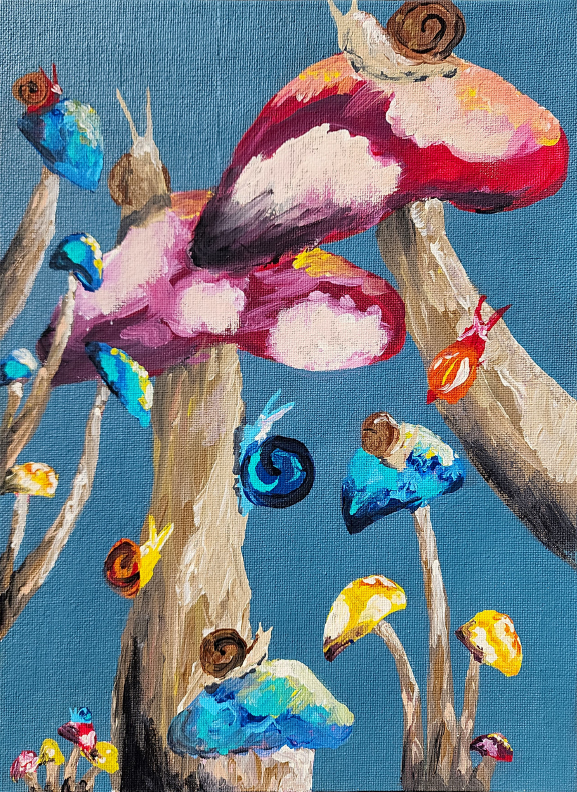Painting of snails on mushrooms