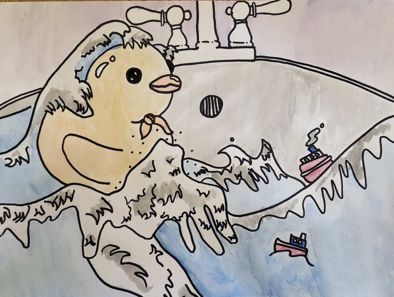 Drawing of a rubber duck in a bathtub