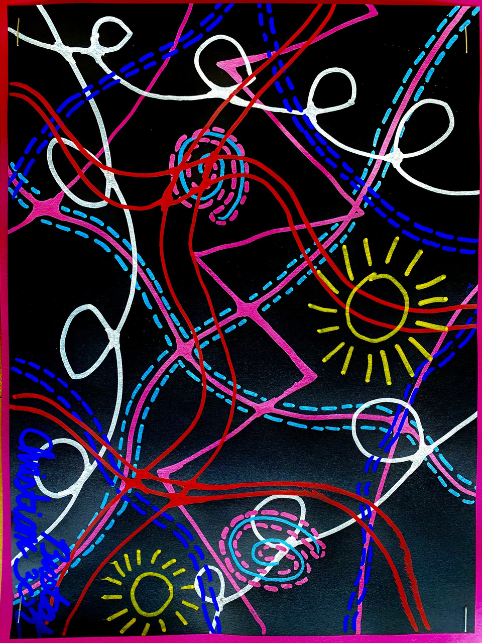 An abstract drawing with lots of lines on a black background