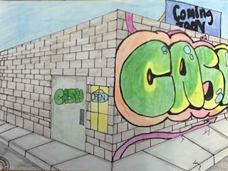Drawing of a building with graffiti