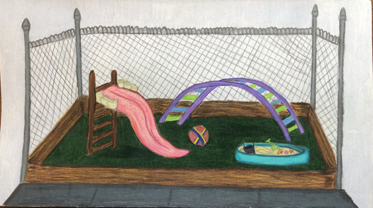 Drawing of a playground with a pink slide
