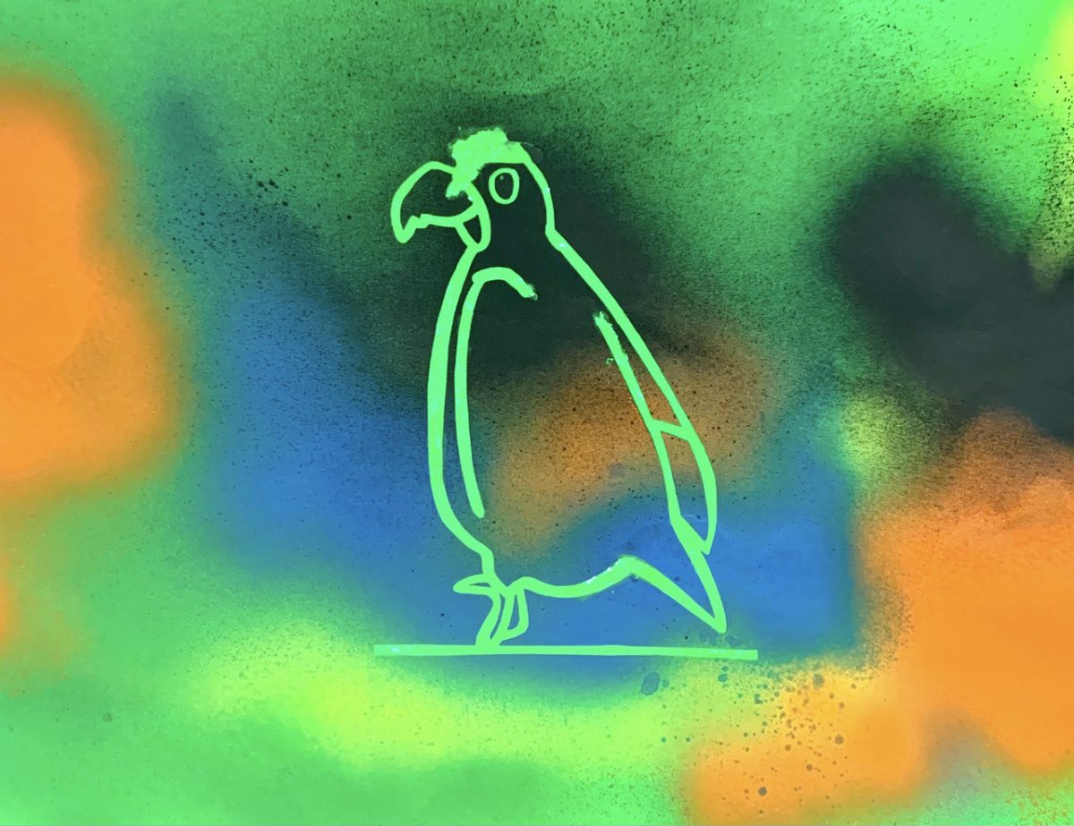 A green parrot on a spray painted background