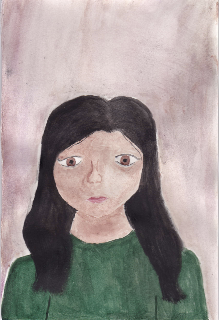 watercolor painting of a young woman wearing a green shirt
