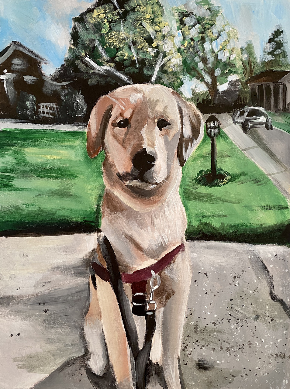 Oil painting of a dog in a yard