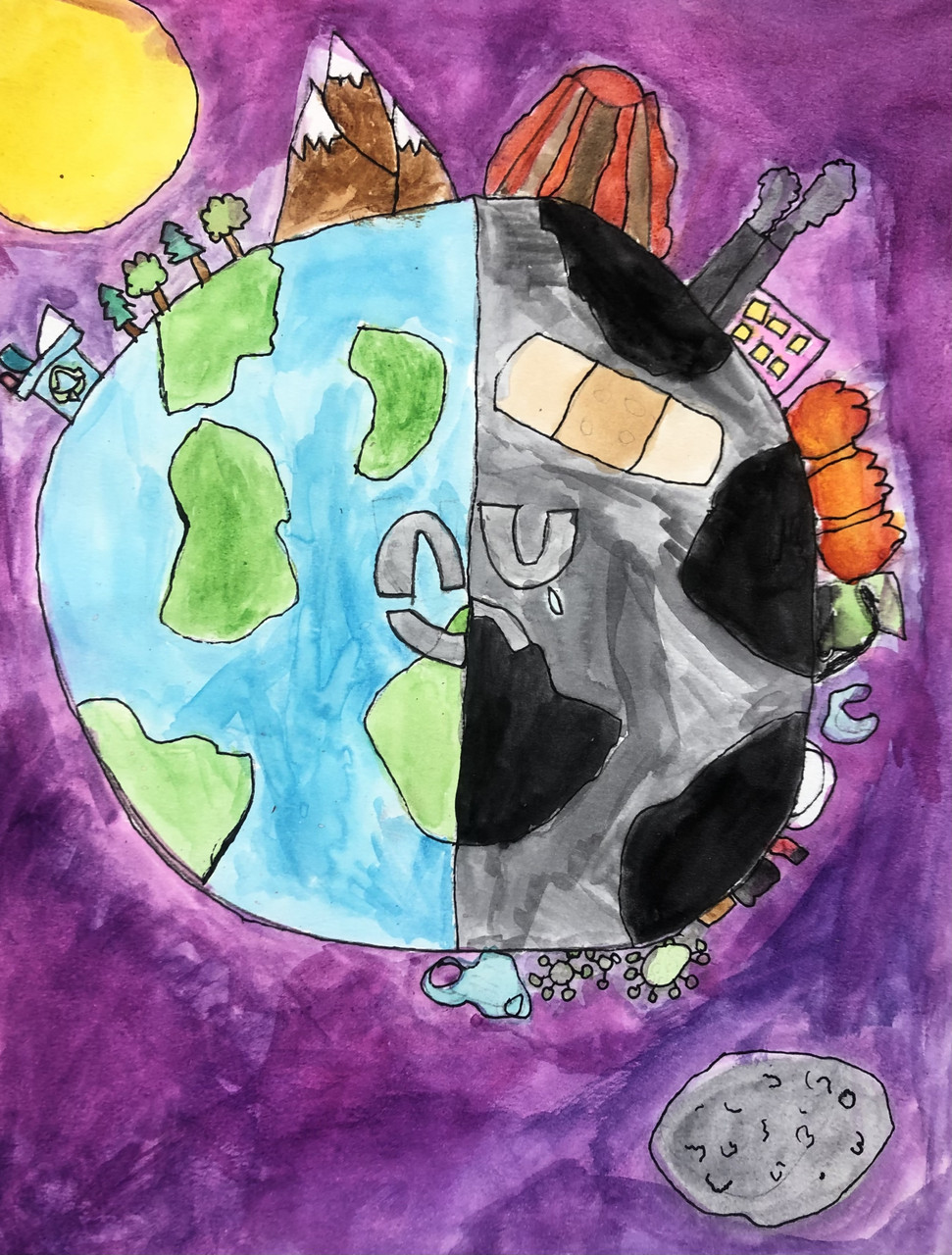 A painting of a world split into a light happy side and a darker side
