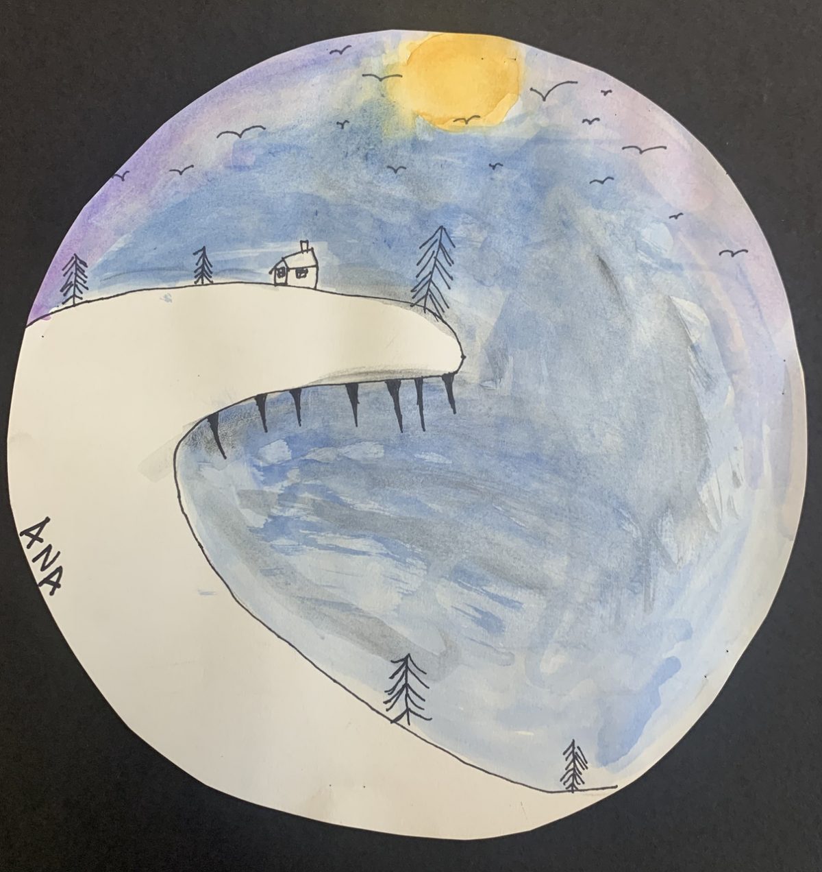 Watercolor cliff and sun in a circle