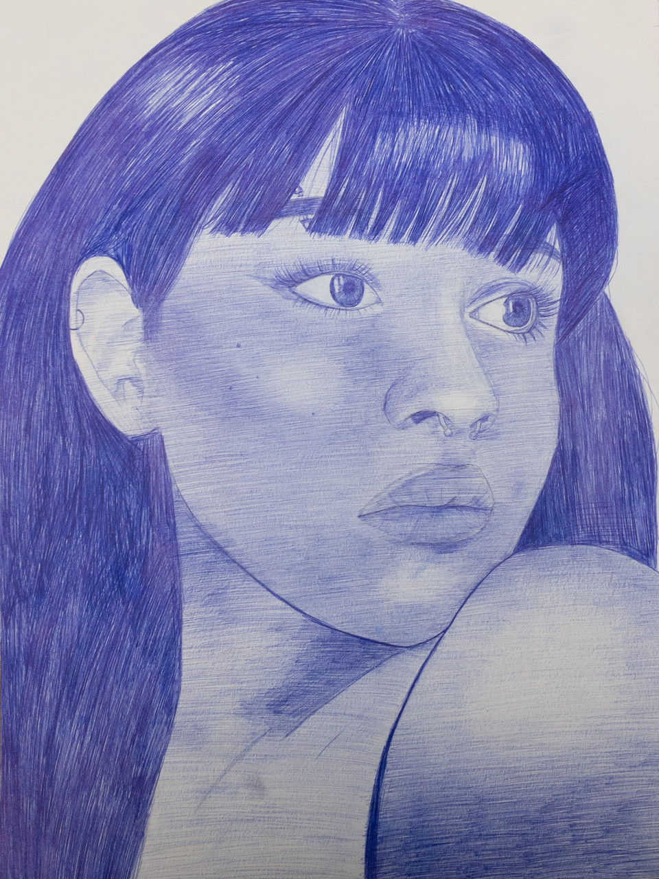Ballpoint pen drawing of a girl looking over her shoulder