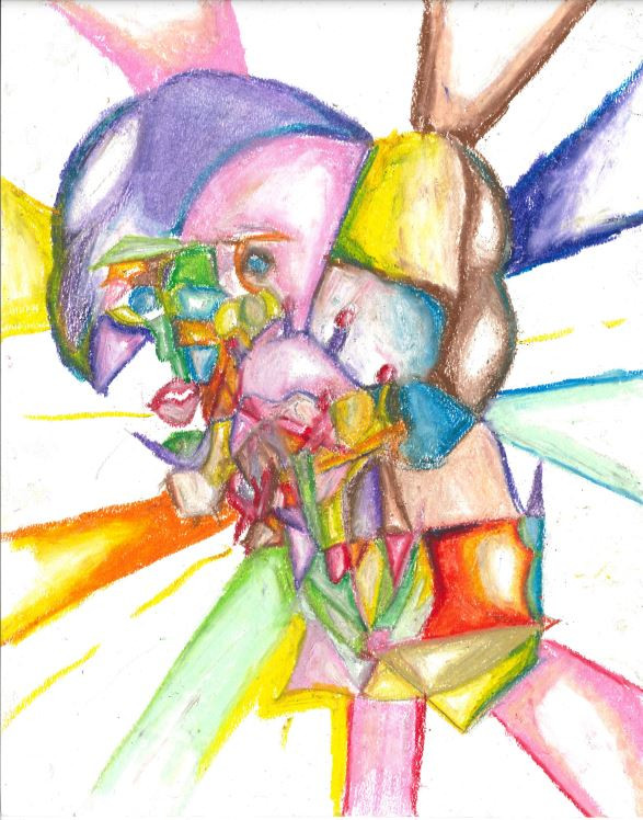 A colorful abstract drawing of shapes and lines interesecting