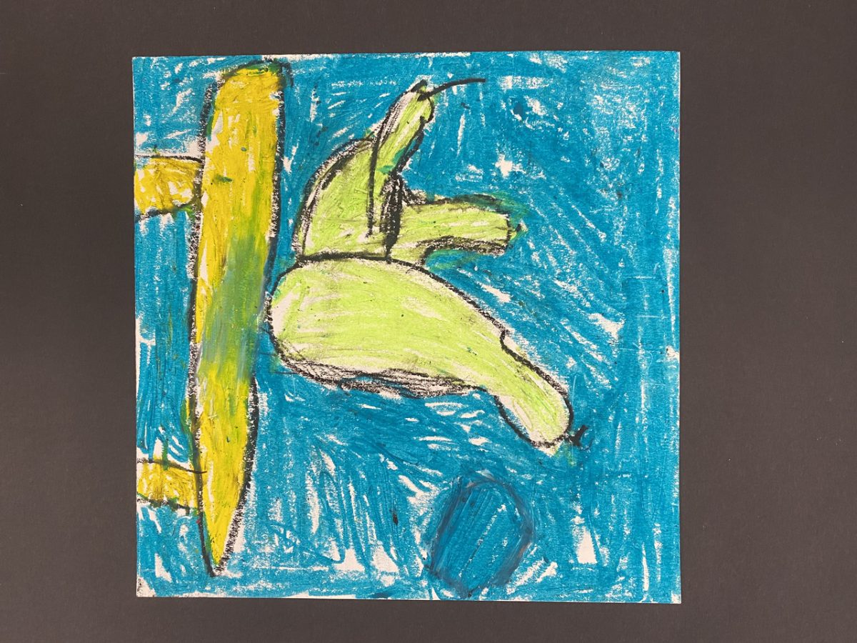 Blue background with bowl of fruit sitting not table.