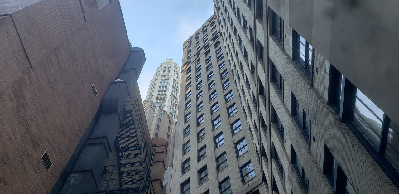 Photograph of buildings looking up