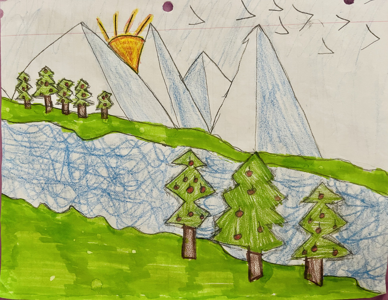 drawing of mountains with a river and trees on the shoreline