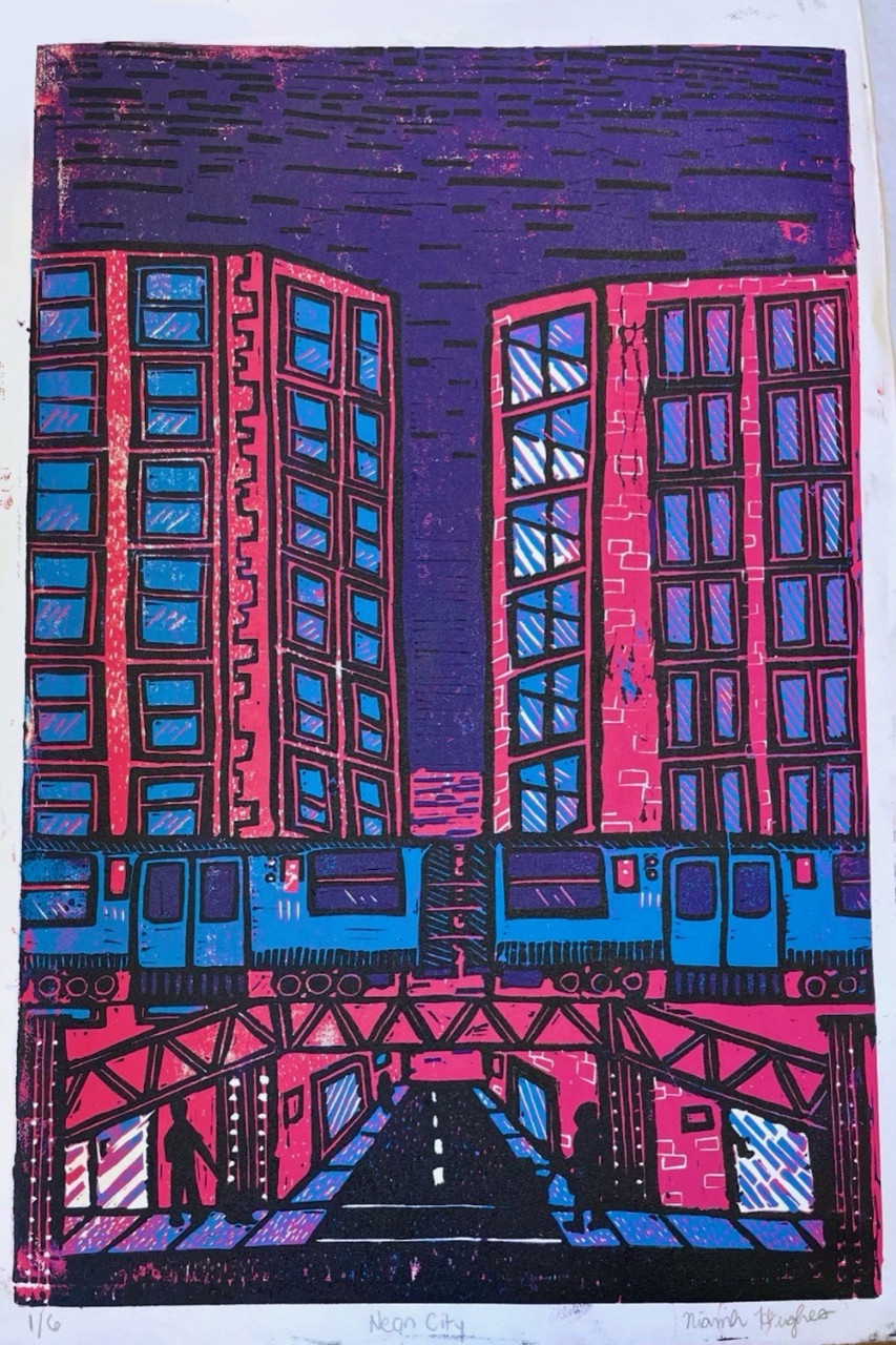 Relief print in pink, purple, & blue of 2 buildings with the El train in the front