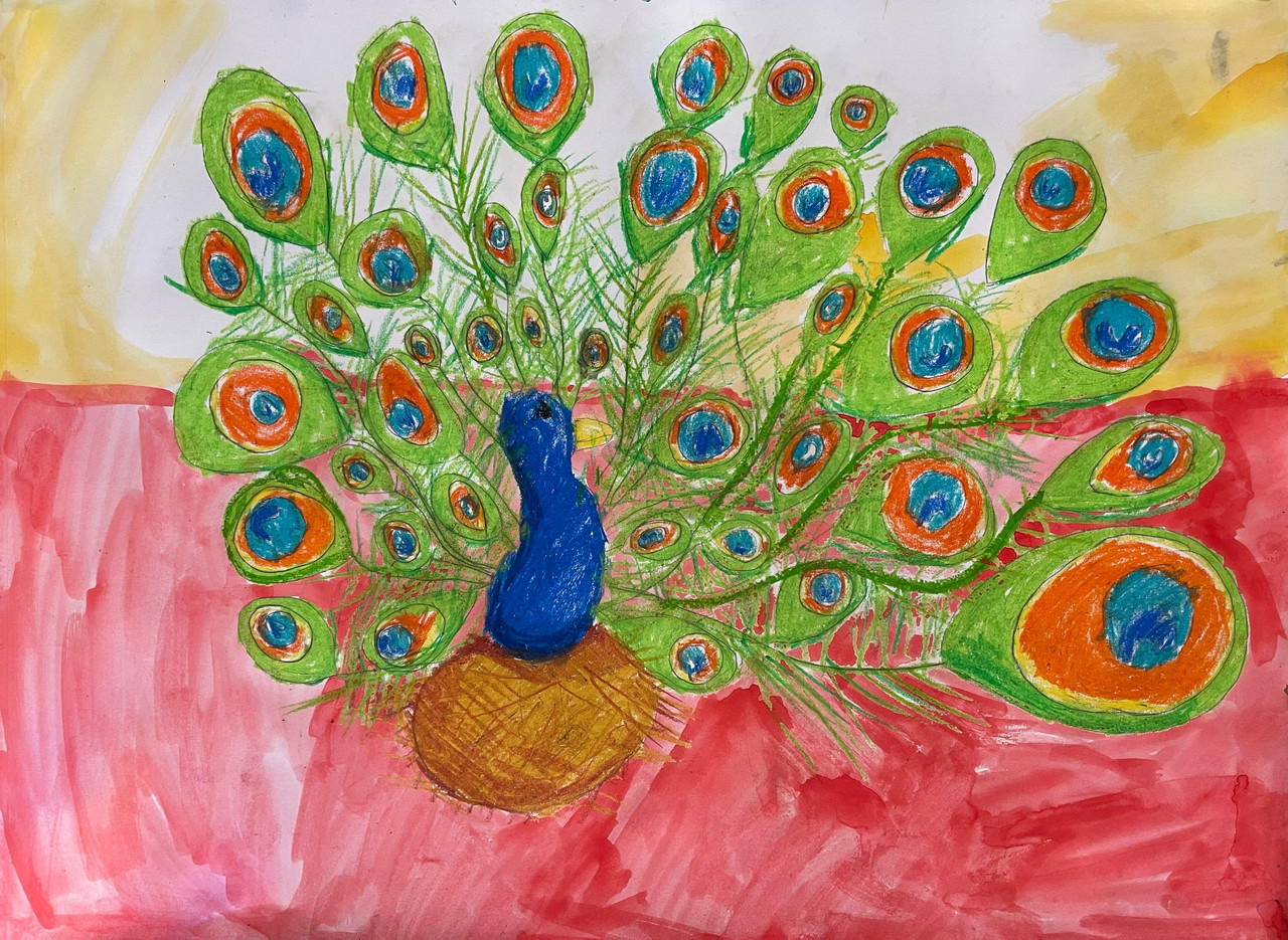 Artwork of a peacock on a red and yellow background.