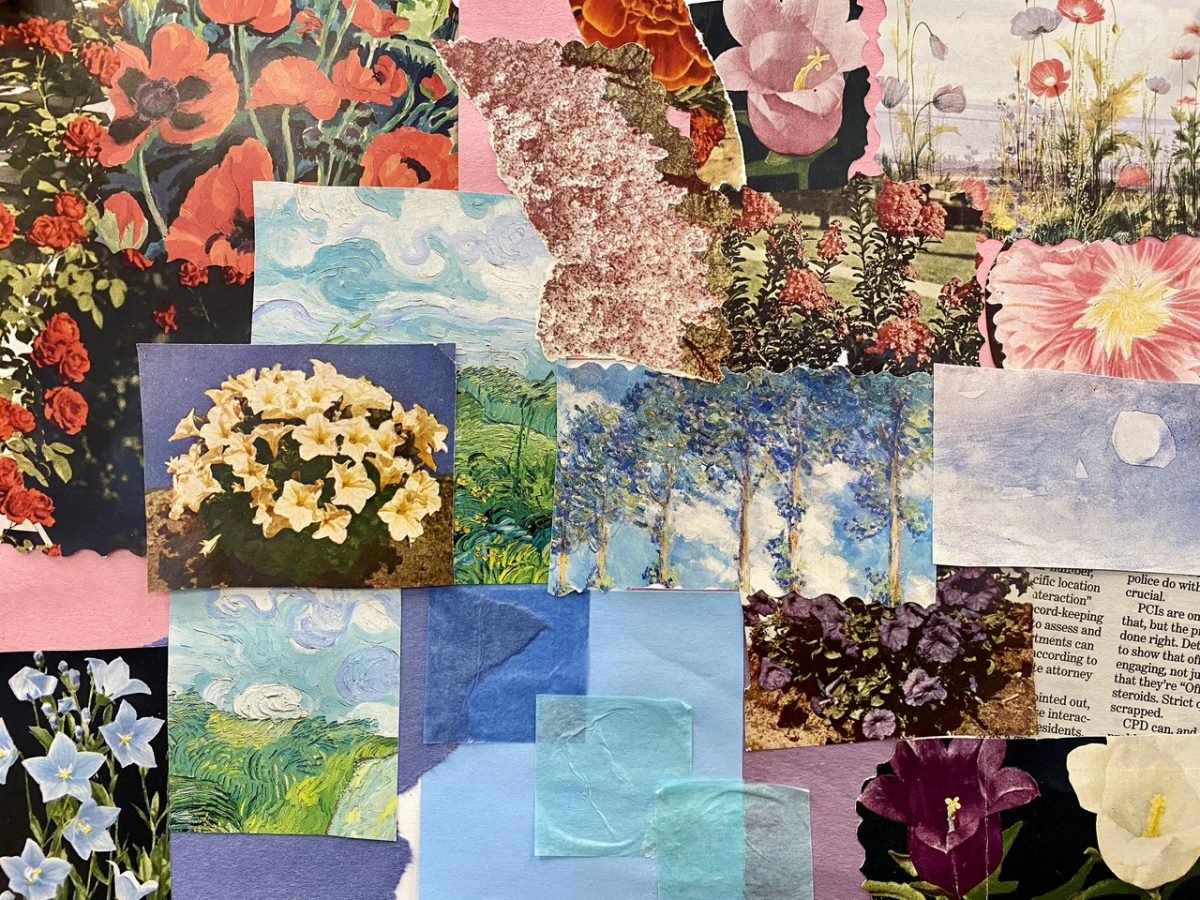 Collage of floral images and blue papers