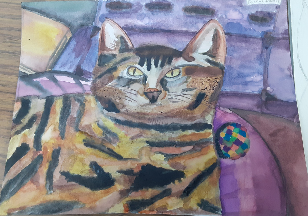 Watercolor painting of a calico cat