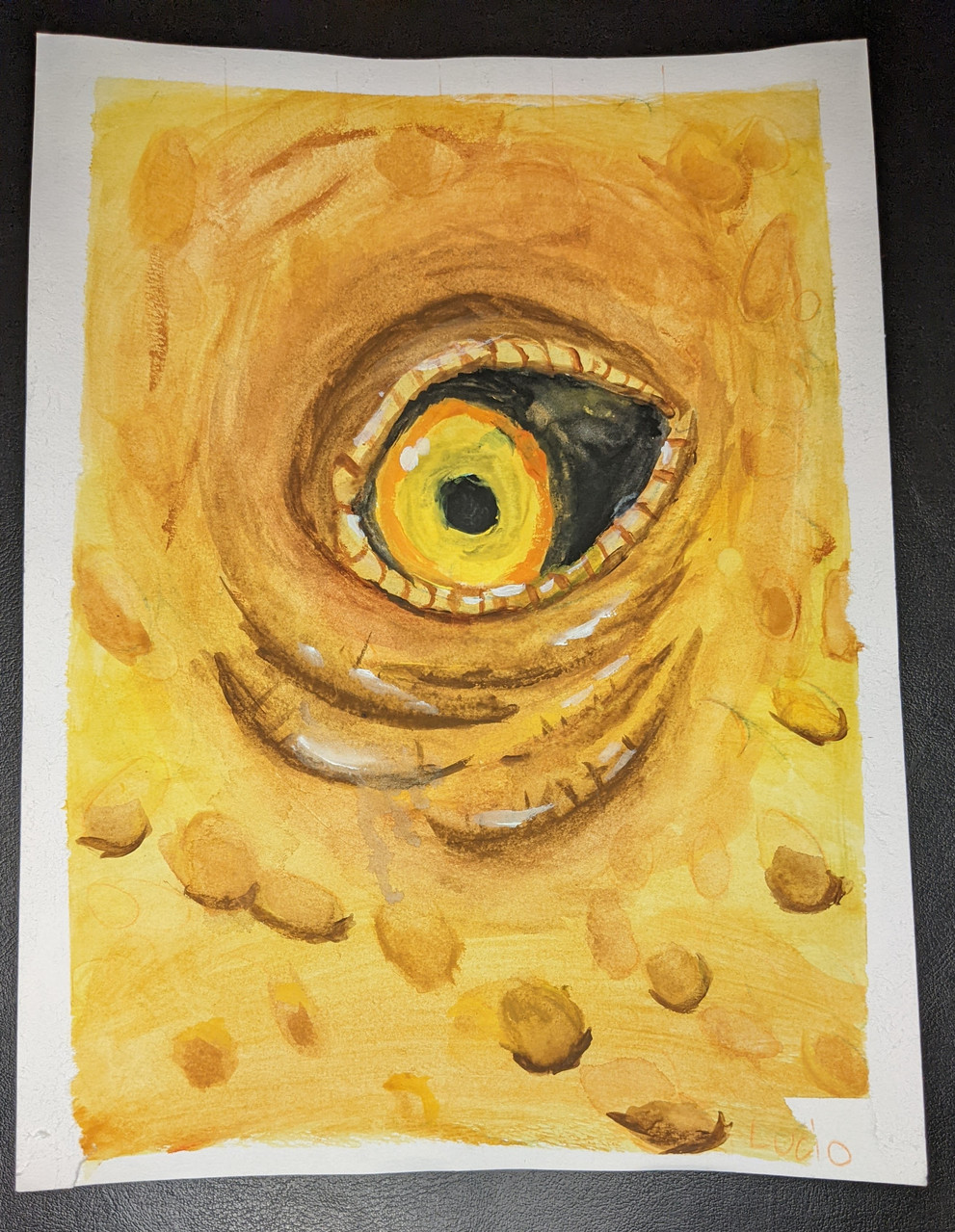 A painting of a yellow reptilian eye surrounded by yellow skin.