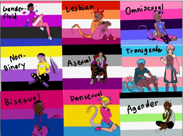 flags of the lgbtq community and characters layered on top