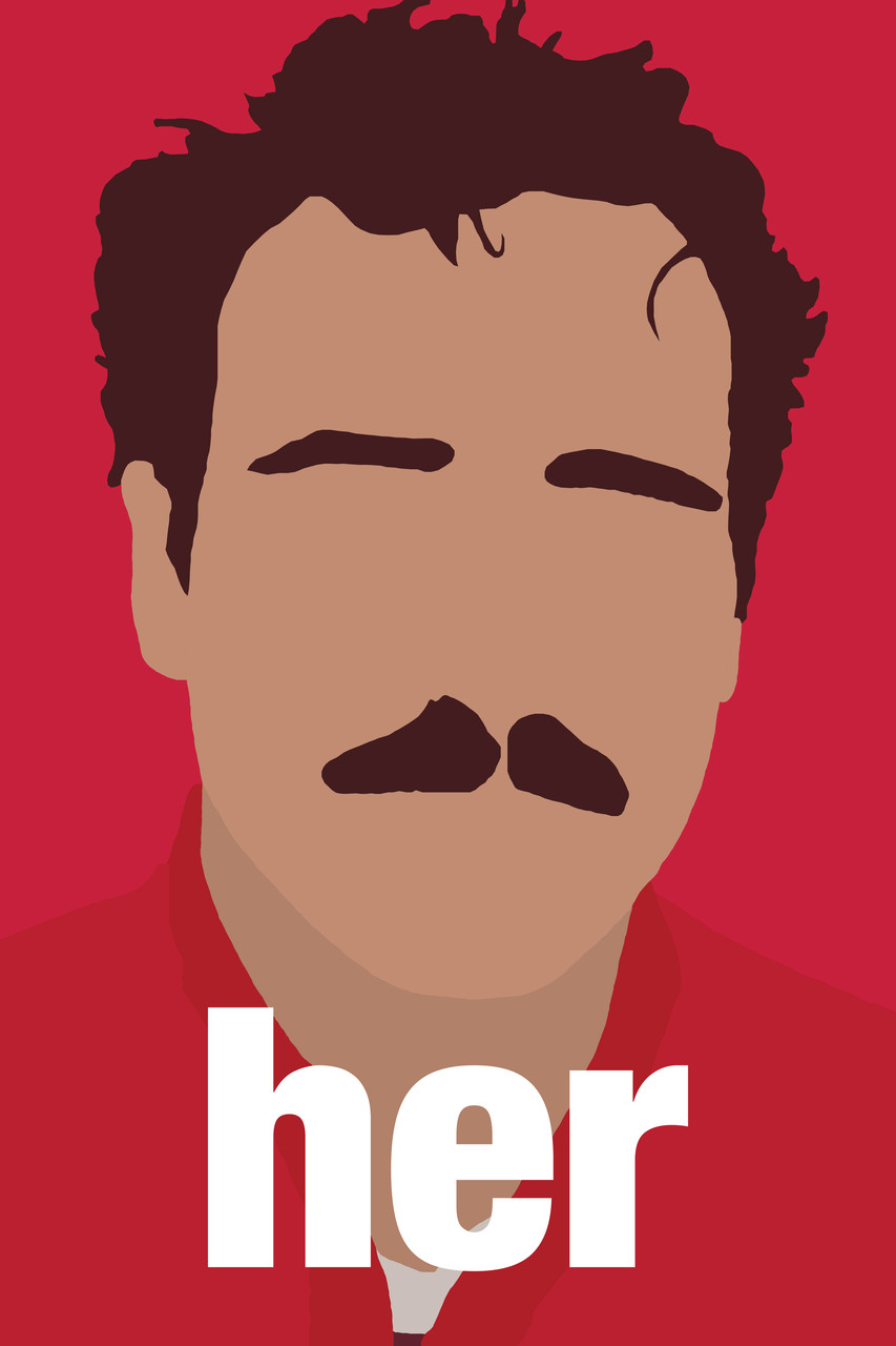 Digital drawing of man with no facial features and the text "her"