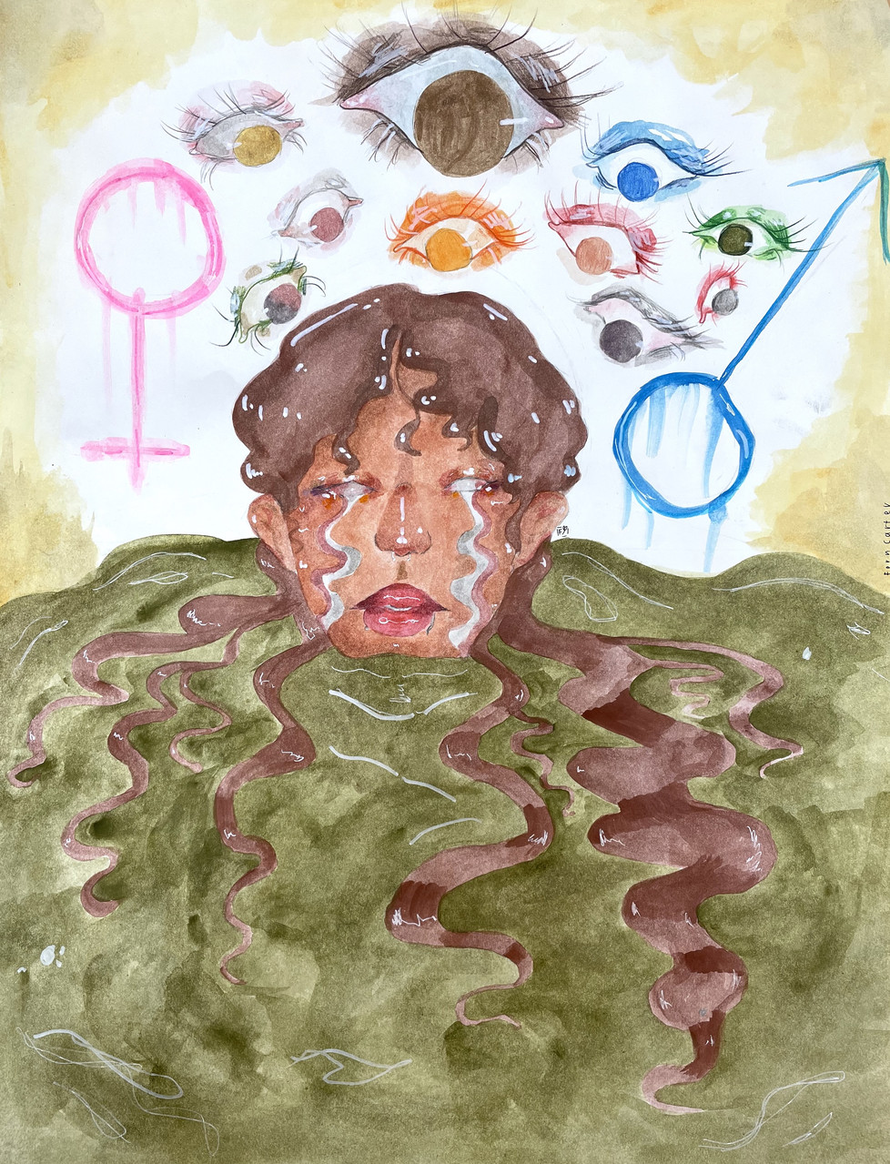 Watercolor painting of crying figure with several eyes and the symbols for male & female in the background