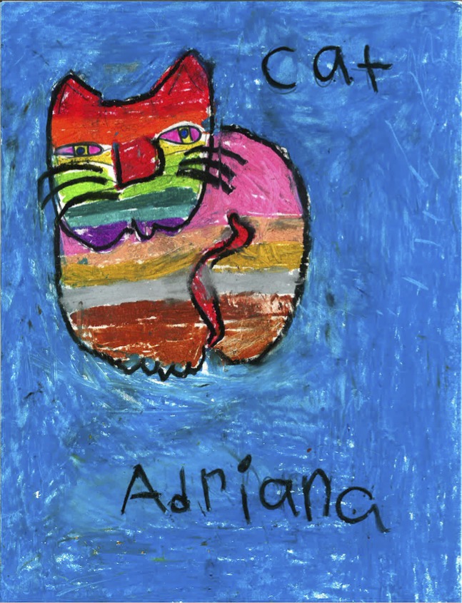 A drawing of a rainbow cat on a blue background
