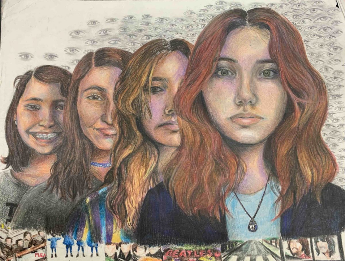 Series of self-portraits and lots of eyes in the background