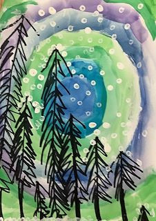 Drawing of trees with snow above them