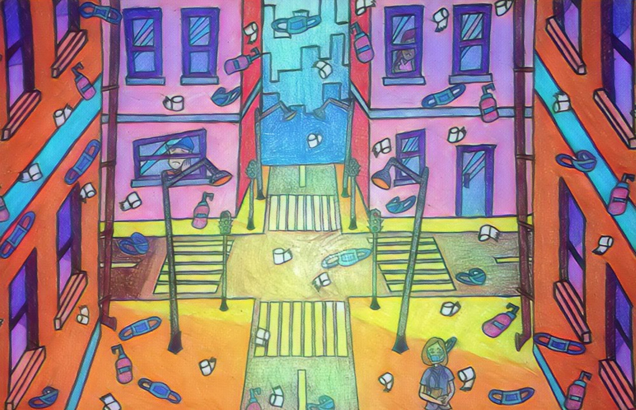 Bright drawing of a city street with buildings and masks floating in the air