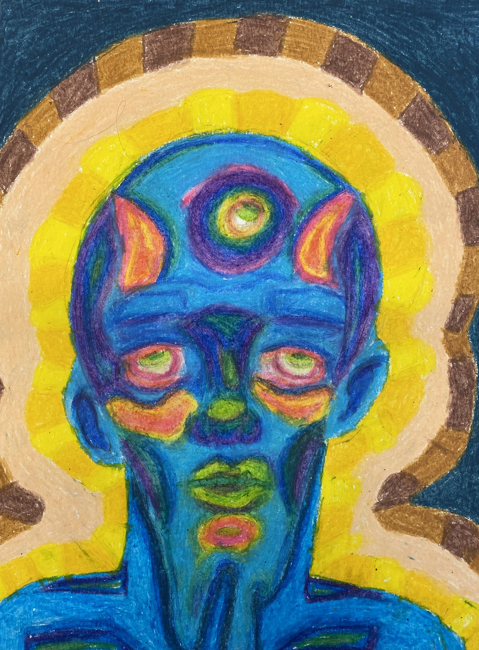 A drawing of a persons face with blue skins and colorful shapes